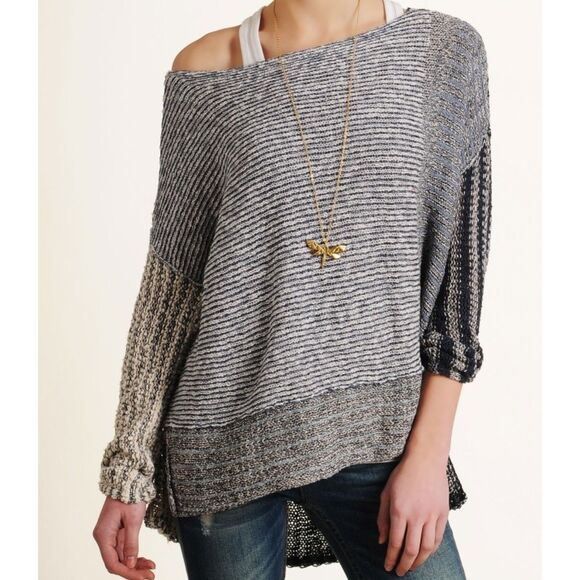 Free People Pullover Sweater Blue Grey Medium Patchwork Oversized Slouchy - Picture 1 of 8